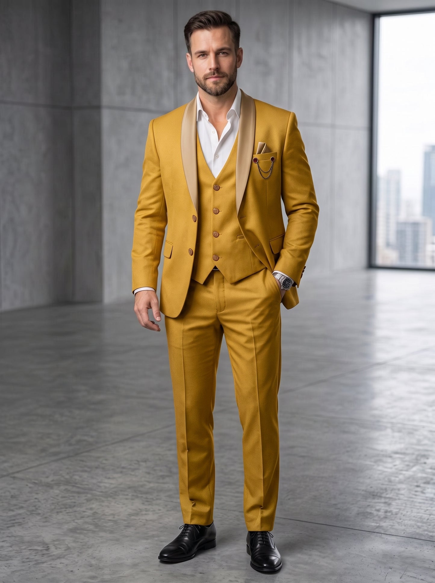 Club AK Men's Premium Mustard Yellow Three-Piece Suit Set with Contrast Shawl Lapel