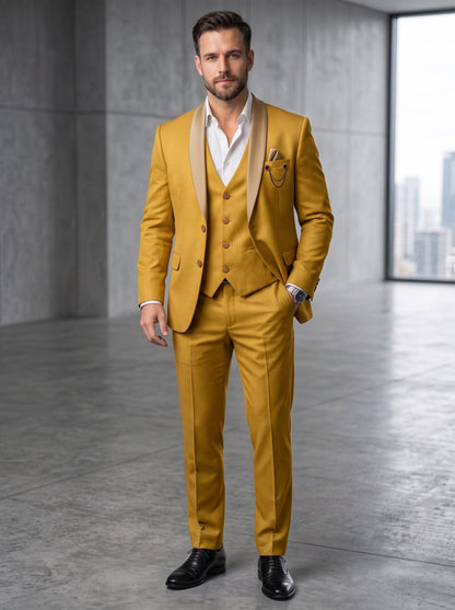 Club AK Men's Premium Mustard Yellow Three-Piece Suit Set with Contrast Shawl Lapel