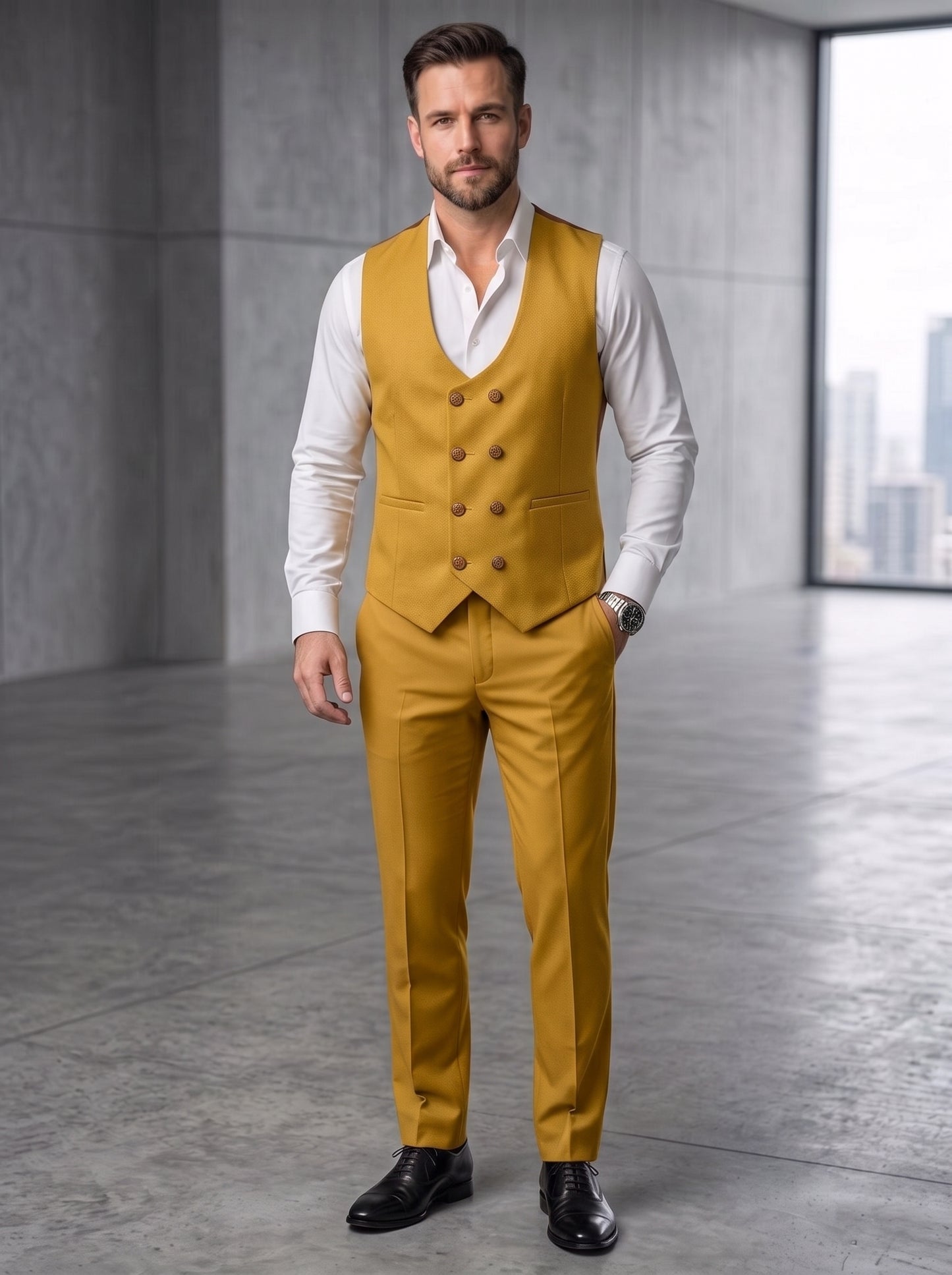 Club AK Men's Premium Mustard Yellow Three-Piece Suit Set with Contrast Shawl Lapel