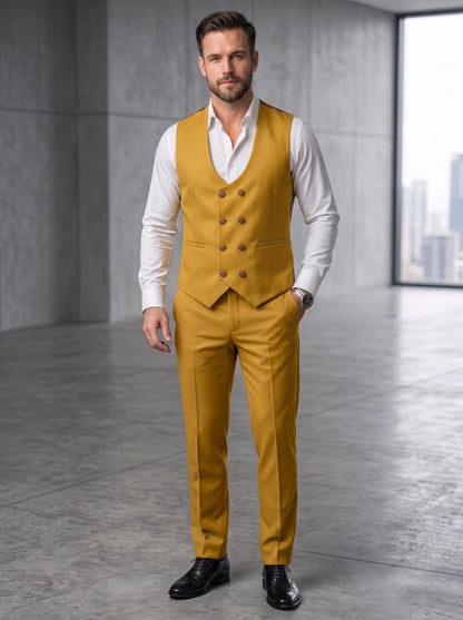 Club AK Men's Premium Mustard Yellow Three-Piece Suit Set with Contrast Shawl Lapel