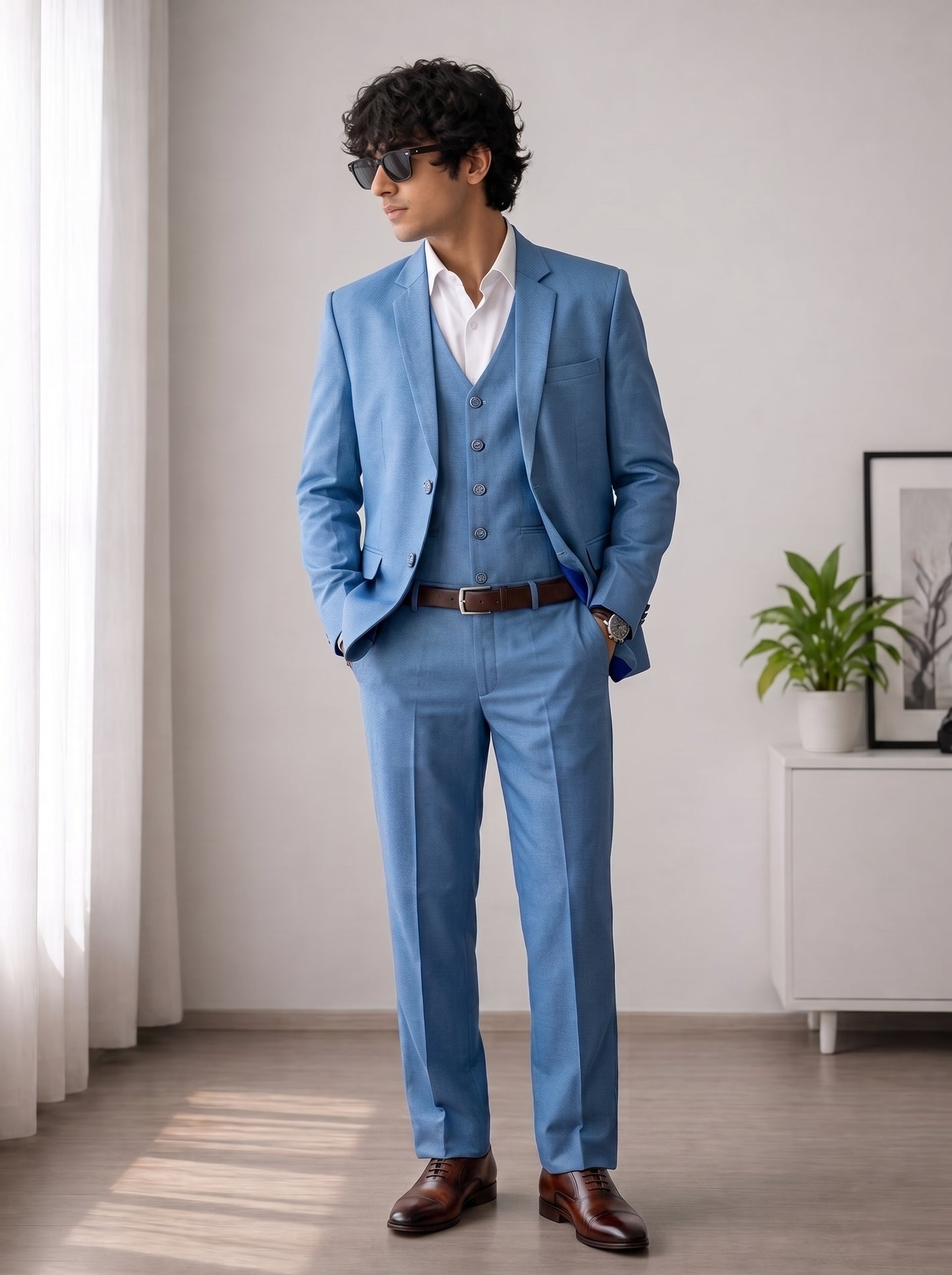 Club AK Men's Premium Sky Blue 3 Piece Suit for Men | Slim Fit Blazer, Waistcoat & Trouser Set