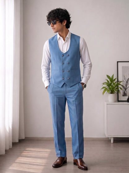 Club AK Men's Premium Sky Blue 3 Piece Suit for Men | Slim Fit Blazer, Waistcoat & Trouser Set