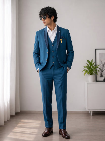 Club AK Men's Premium Teal Blue 3 Piece Suit for Men | Slim Fit Blazer, Waistcoat & Trouser Set