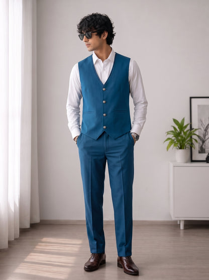 Club AK Men's Premium Teal Blue 3 Piece Suit for Men | Slim Fit Blazer, Waistcoat & Trouser Set