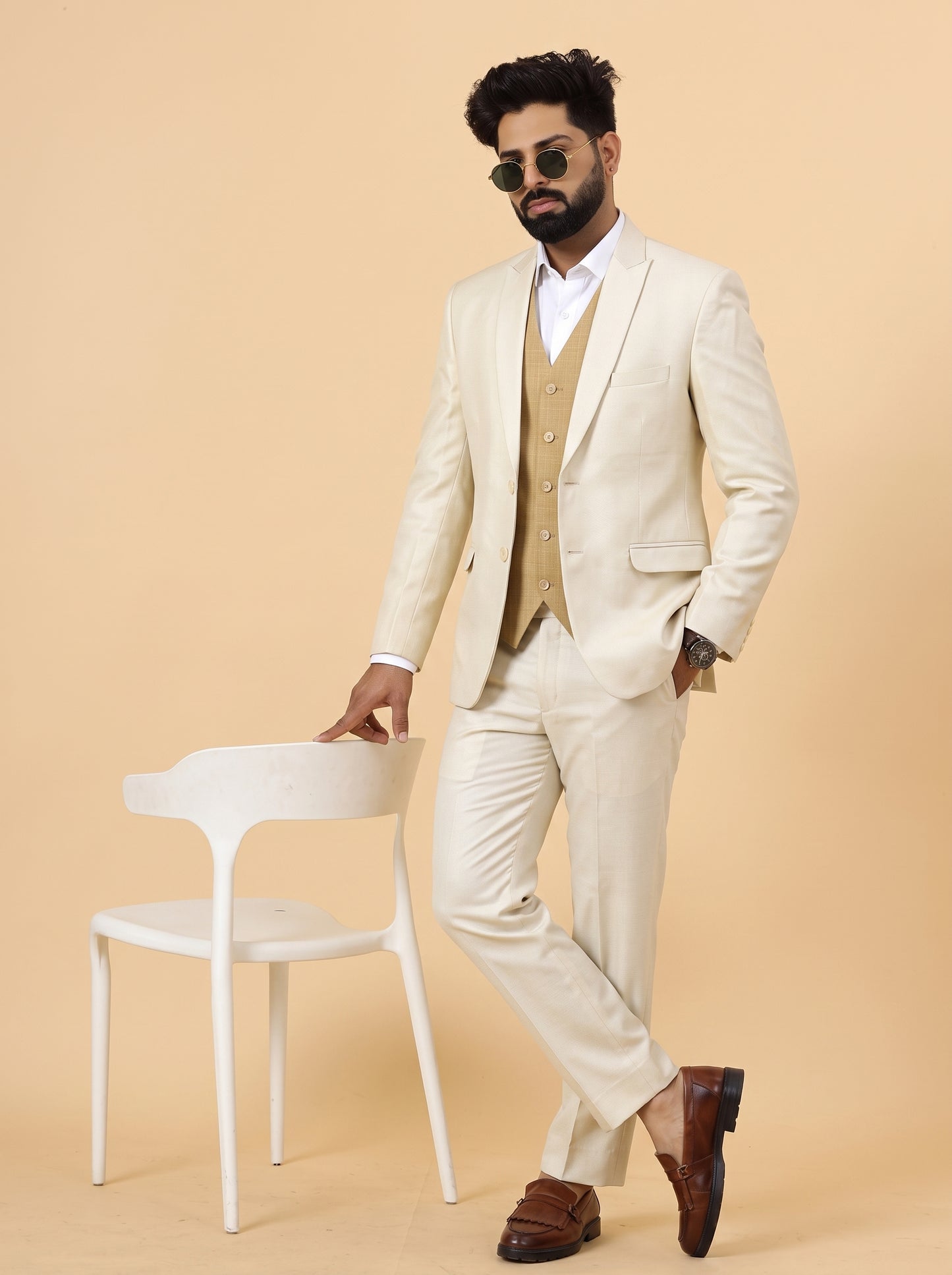 Club AK Men's Off White 3 Piece Suit for Men | Premium Slim Fit Blazer, Contrast Waistcoat & Trouser Set