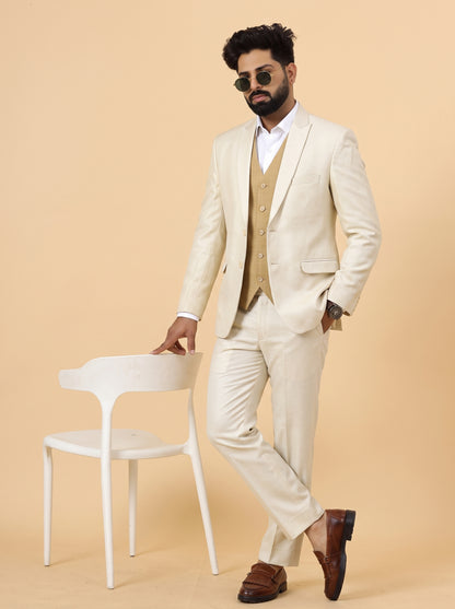 Club AK Men's Off White 3 Piece Suit for Men | Premium Slim Fit Blazer, Contrast Waistcoat & Trouser Set
