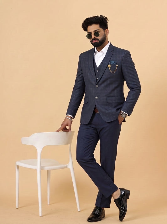 Club AK Men's Navy Blue Checked 3 Piece Suit