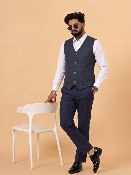 Club AK Men's Navy Blue Checked 3 Piece Suit