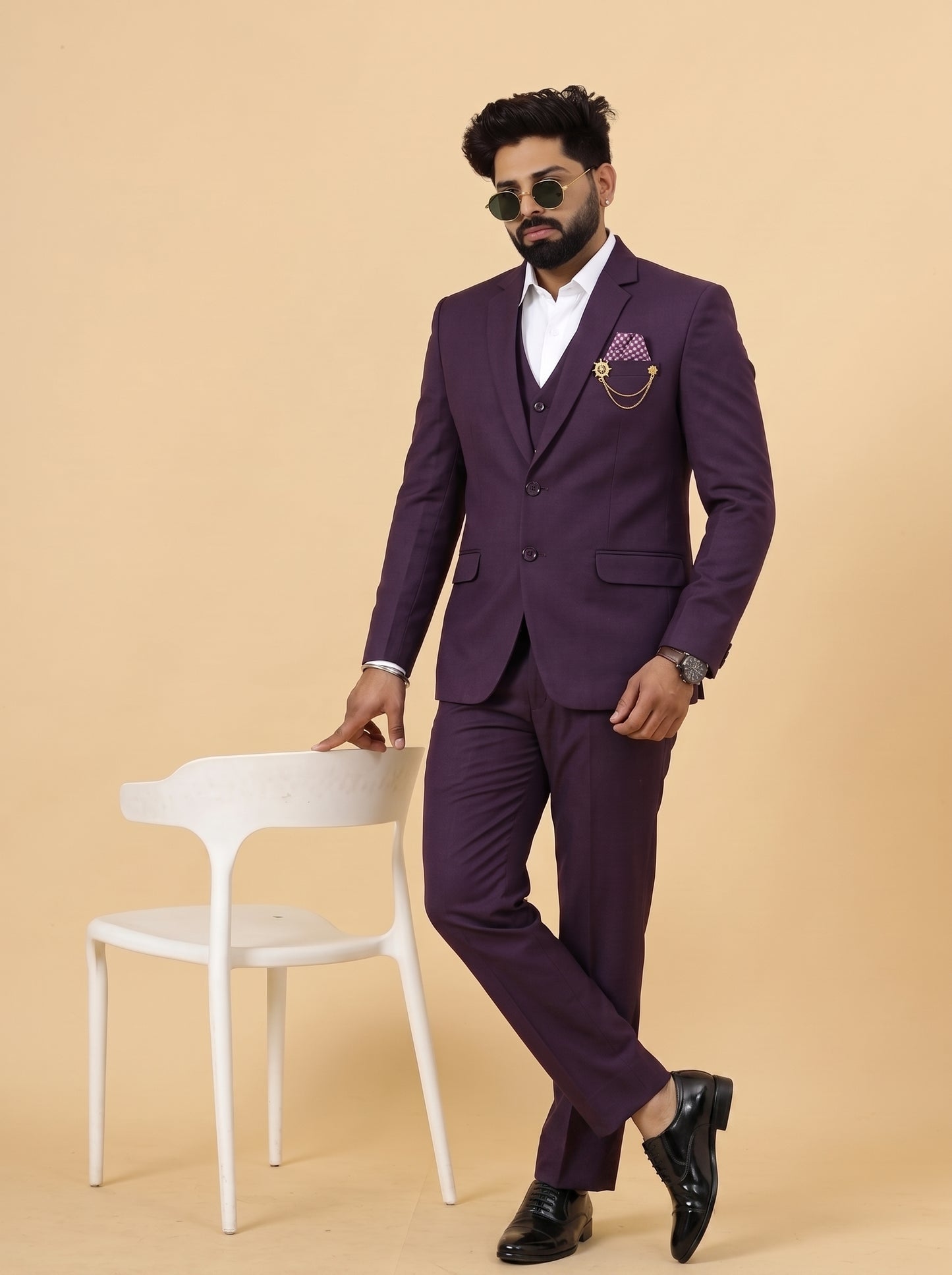Club AK Men's Plum Purple 3 Piece Suit for Men | Premium Slim Fit Blazer, Waistcoat & Trouser Set