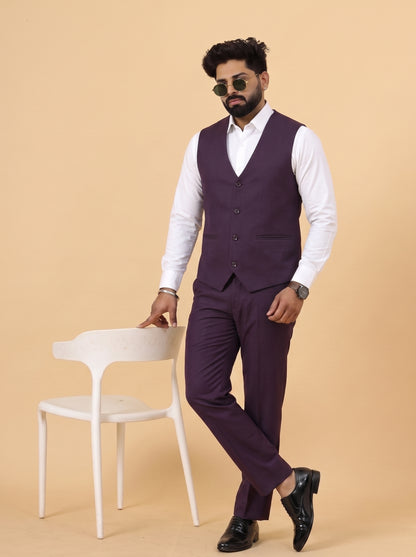 Club AK Men's Plum Purple 3 Piece Suit for Men | Premium Slim Fit Blazer, Waistcoat & Trouser Set