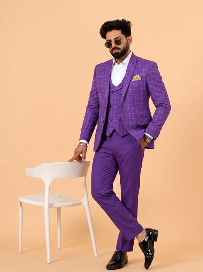 Club AK Men's Purple Checked 3 Piece Suit for Men | Premium Slim Fit Check Blazer, Double Breasted Waistcoat & Trouser Set