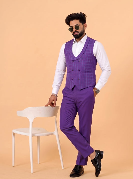 Club AK Men's Purple Checked 3 Piece Suit