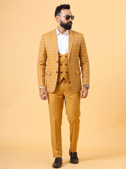 Club AK Men's Mustard Checkered 3 Piece Suit for Men | Premium Slim Fit Blazer, Double Breasted Waistcoat & Trouser Set