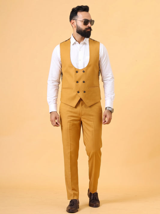 Club AK Men's Mustard Checkered 3 Piece Suit for Men | Premium Slim Fit Blazer, Double Breasted Waistcoat & Trouser Set