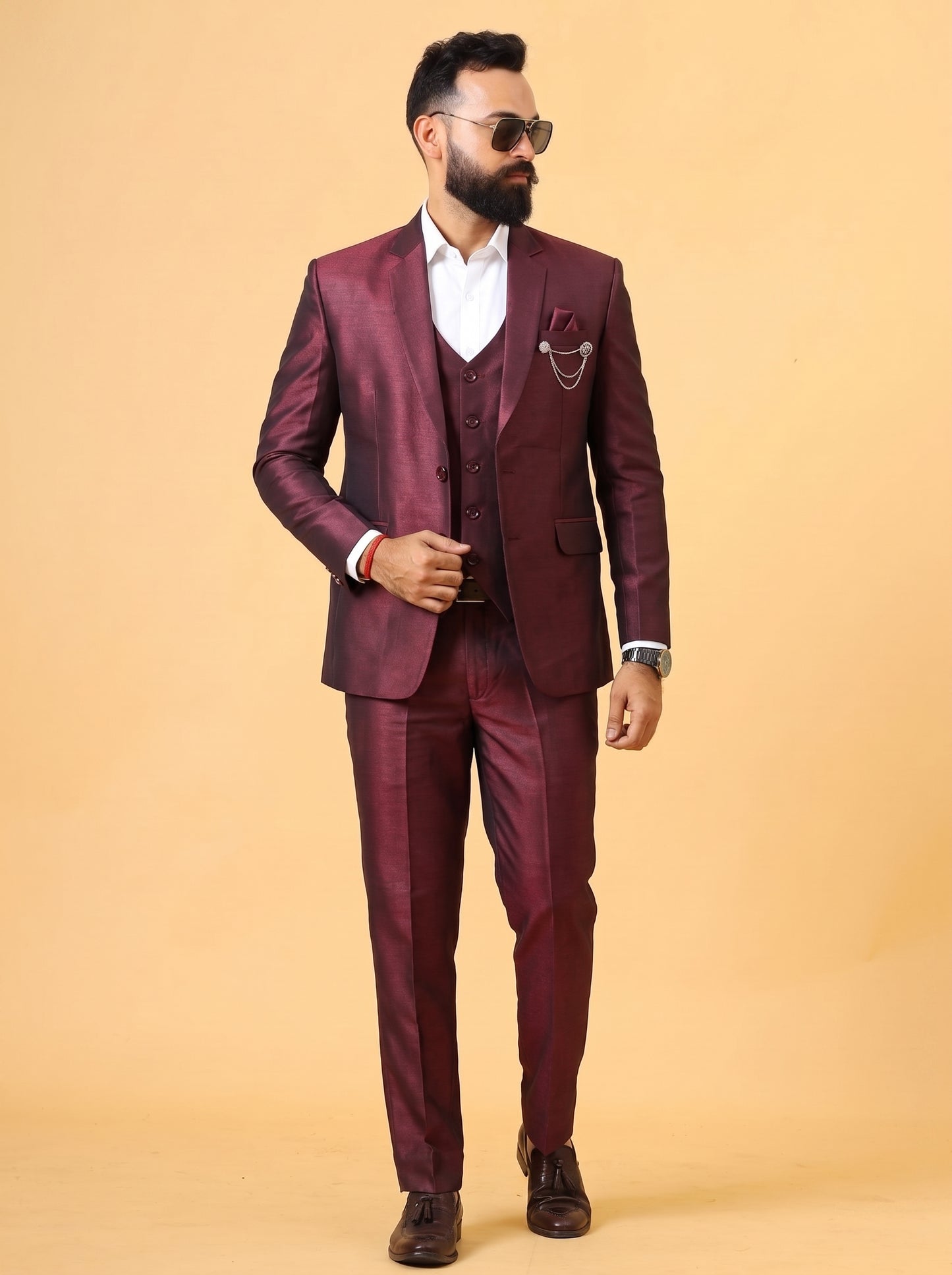 Club AK Men's Premium Wine Shimmer 3 Piece Suit for Men | Slim Fit Blazer, Waistcoat & Trouser Set