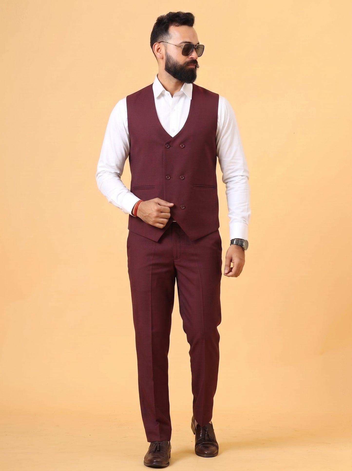 Club AK Men's Premium Wine Shimmer 3 Piece Suit for Men | Slim Fit Blazer, Waistcoat & Trouser Set