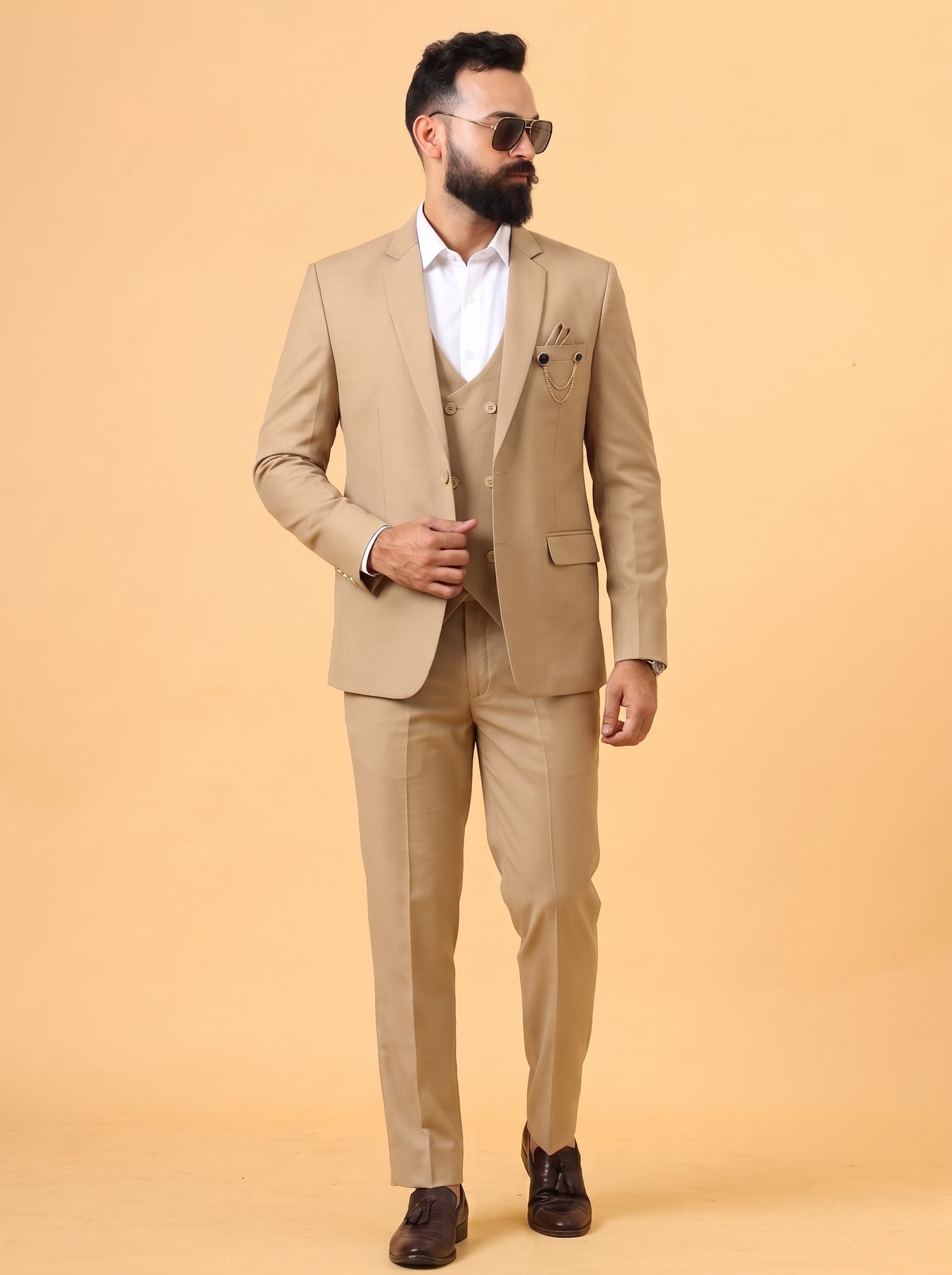 Club AK Men's Beige 3 Piece Suit for Men | Premium Slim Fit Blazer, Double Breasted Waistcoat & Trouser Set