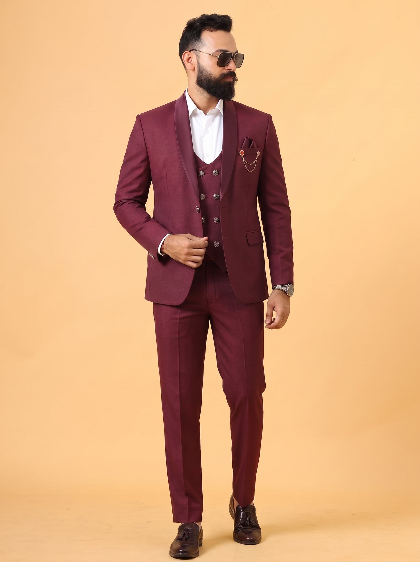 Club AK Men's Maroon 3 Piece Suit for Men | Premium Slim Fit Tuxedo Blazer, Double Breasted Waistcoat and Trouser Set