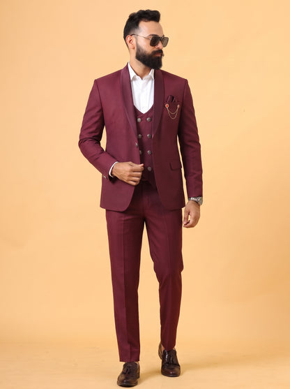 Club AK Men's Maroon 3 Piece Suit for Men | Premium Slim Fit Tuxedo Blazer, Double Breasted Waistcoat and Trouser Set