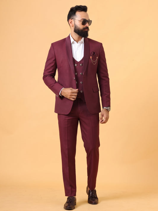 Club AK Men's Maroon 3 Piece Suit for Men | Premium Slim Fit Tuxedo Blazer, Double Breasted Waistcoat and Trouser Set