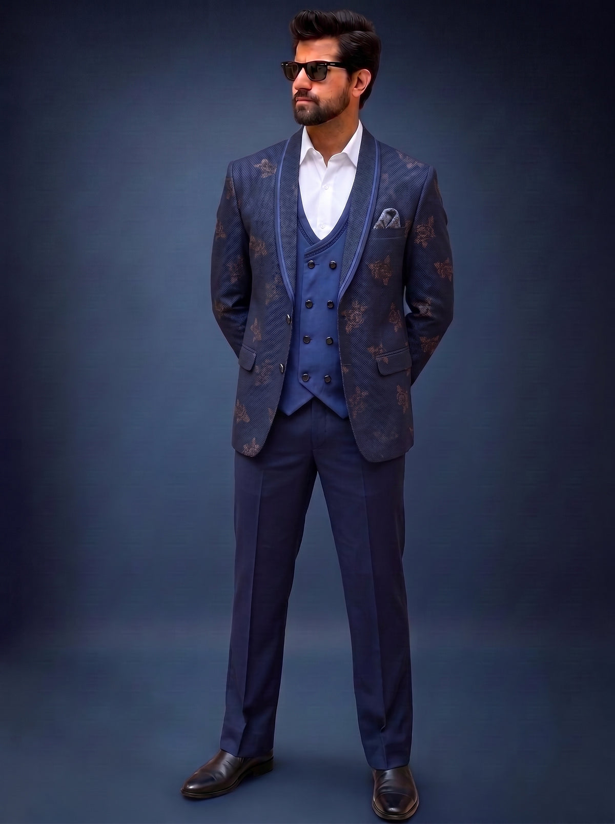 Club AK Men's Premium Navy Blue Floral Printed Three-Piece Tuxedo Suit with Double-Breasted Waistcoat & Satin Shawl Lapel