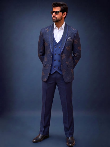 Club AK Men's Premium Navy Blue Floral Printed Three-Piece Tuxedo Suit with Double-Breasted Waistcoat & Satin Shawl Lapel