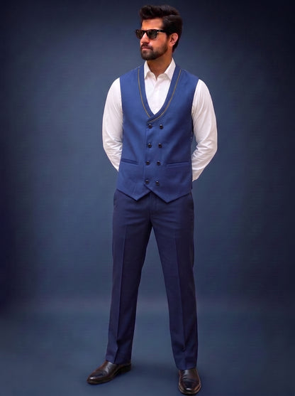 Club AK Men's Premium Navy Blue Floral Printed Three-Piece Tuxedo Suit with Double-Breasted Waistcoat & Satin Shawl Lapel