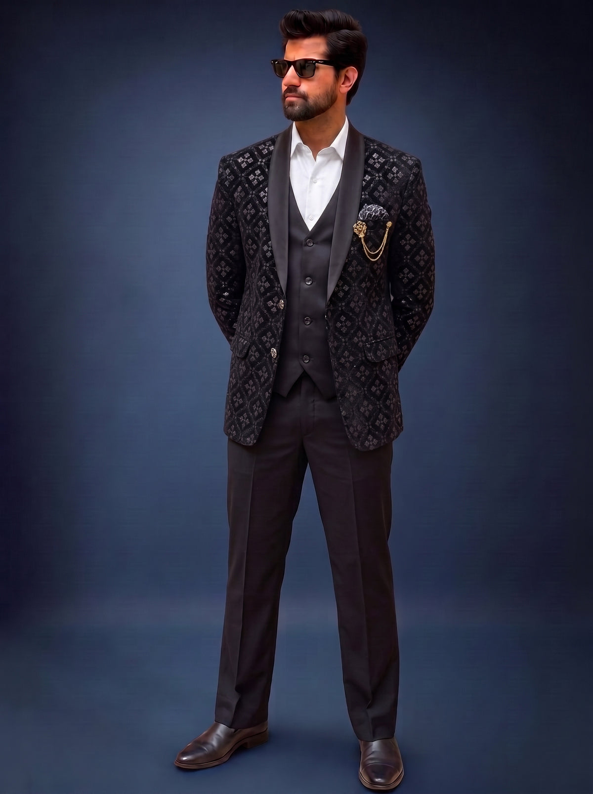 Club AK Men's Premium Black Embellished Three-Piece Tuxedo Suit with Satin Shawl Lapel