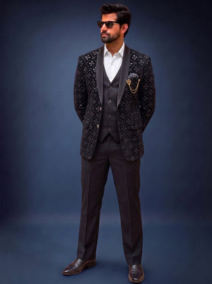 Club AK Men's Premium Black Embellished Three-Piece Tuxedo Suit with Satin Shawl Lapel