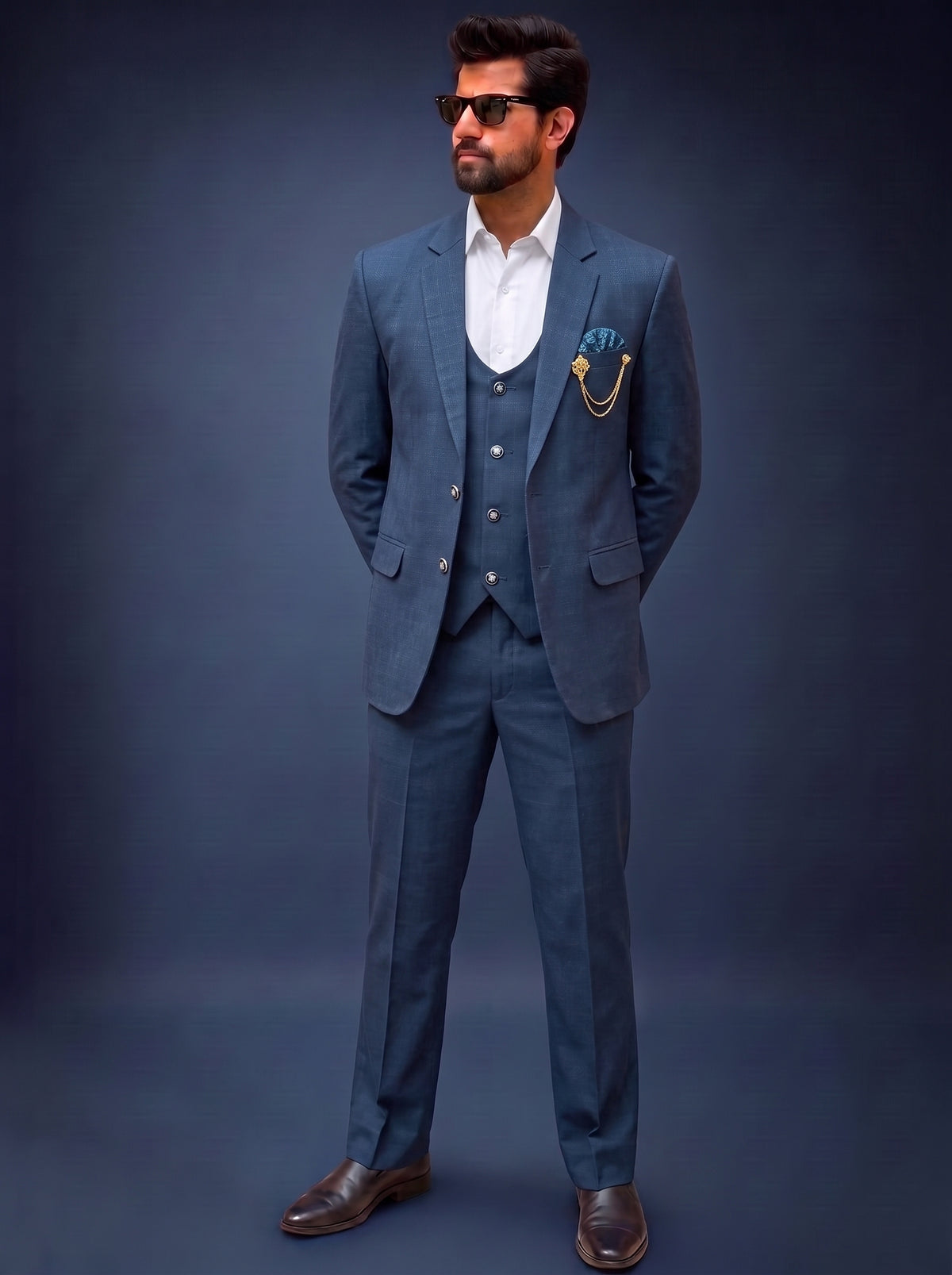 Club AK Men's Premium Navy Blue Three-Piece Suit Set