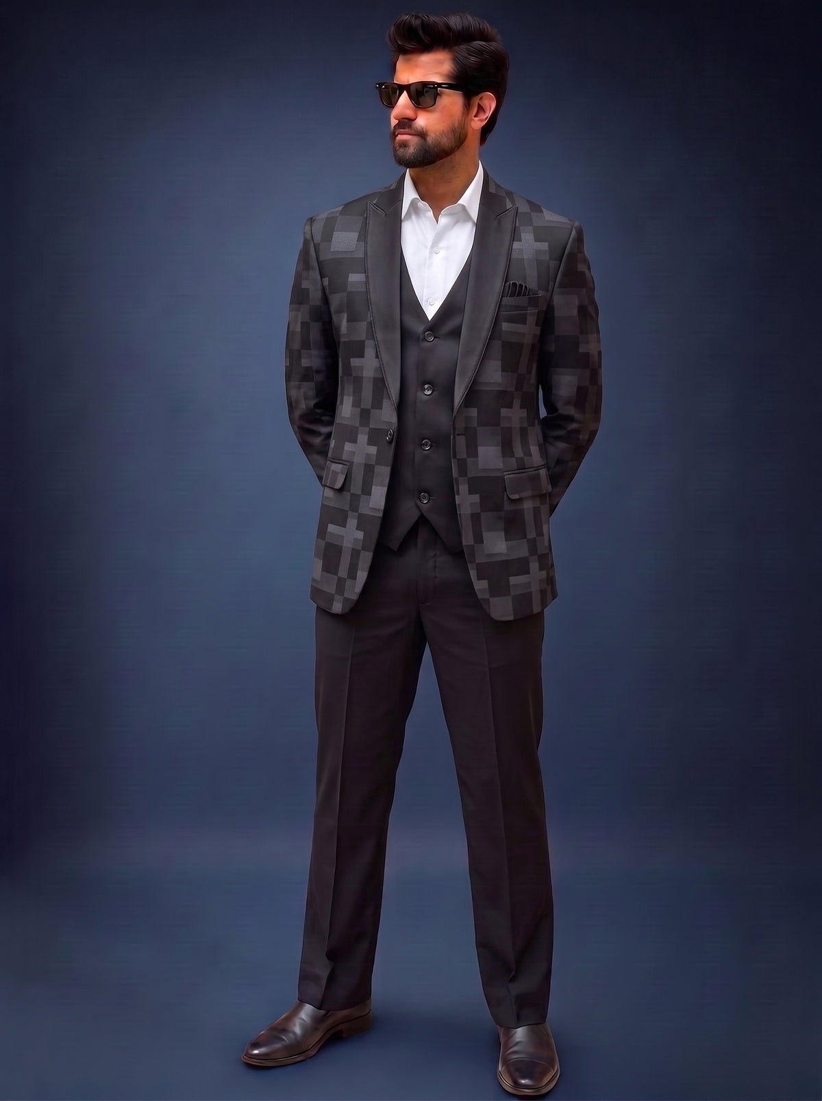 Club AK Men's Premium Charcoal Grey Checked Three-Piece Suit