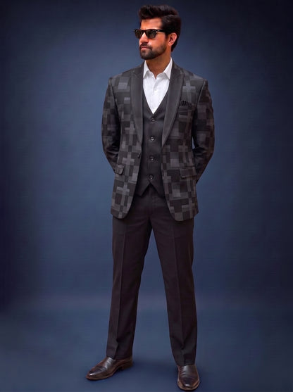 Club AK Men's Premium Charcoal Grey Checked Three-Piece Suit