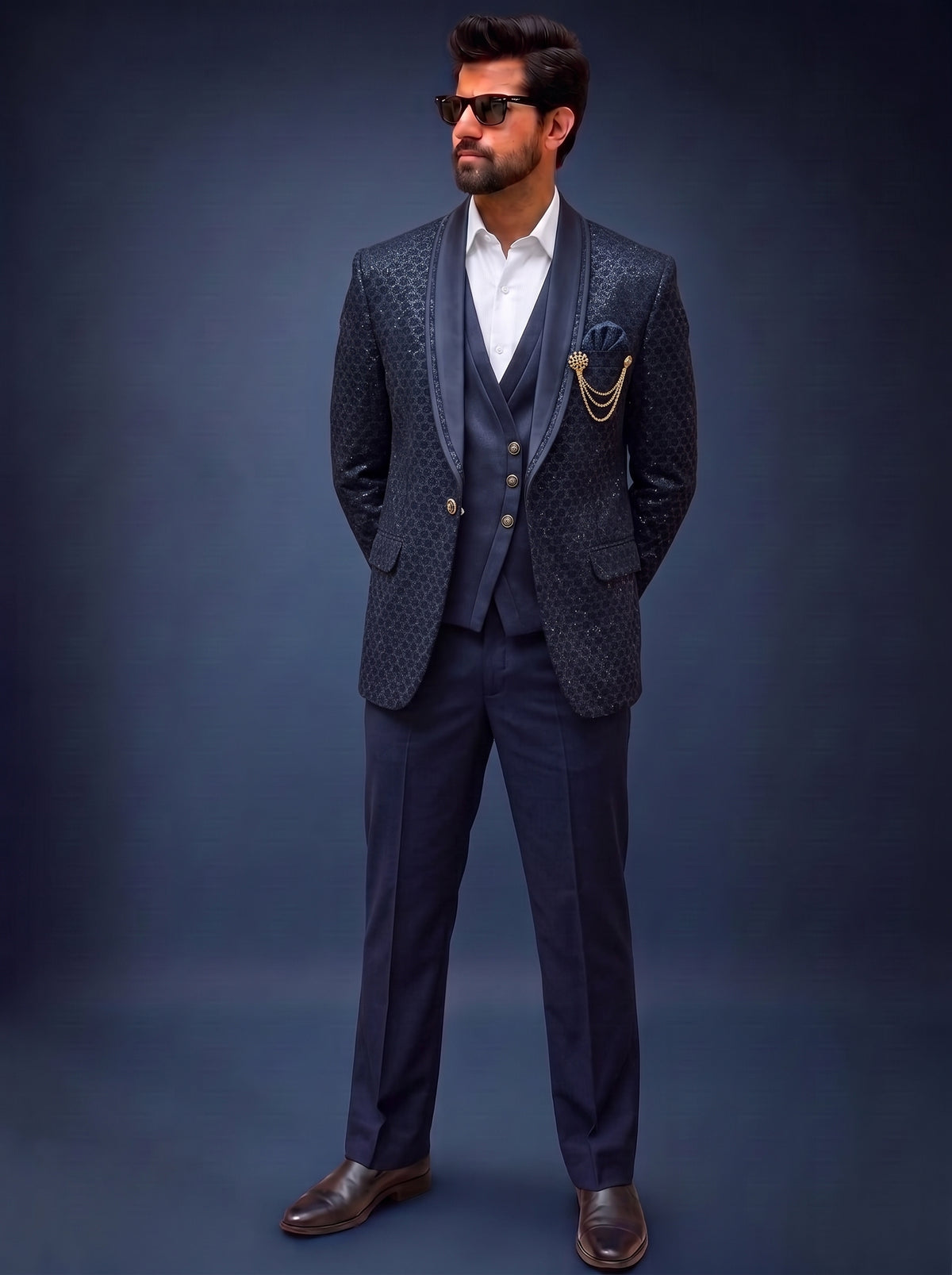 Club AK Men's Premium Blue Textured Three-Piece Suit
