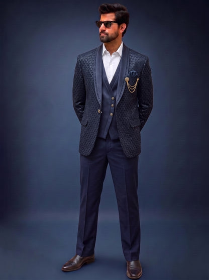 Club AK Men's Premium Blue Textured Three-Piece Suit