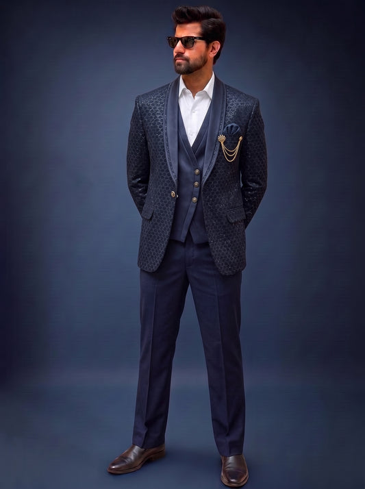 Club AK Men's Premium Blue Textured Three-Piece Suit