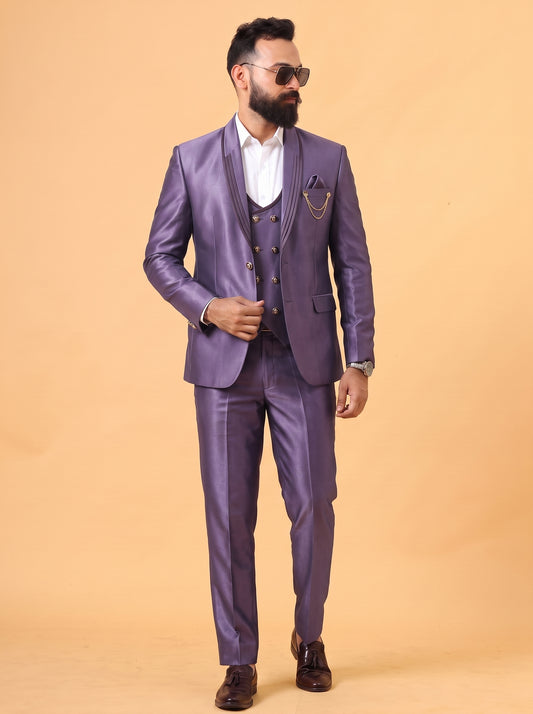 Club AK Men's Lavender Shimmer 3 Piece Suit for Men | Premium Slim Fit Tuxedo Blazer, Double Breasted Waistcoat and Trouser Set