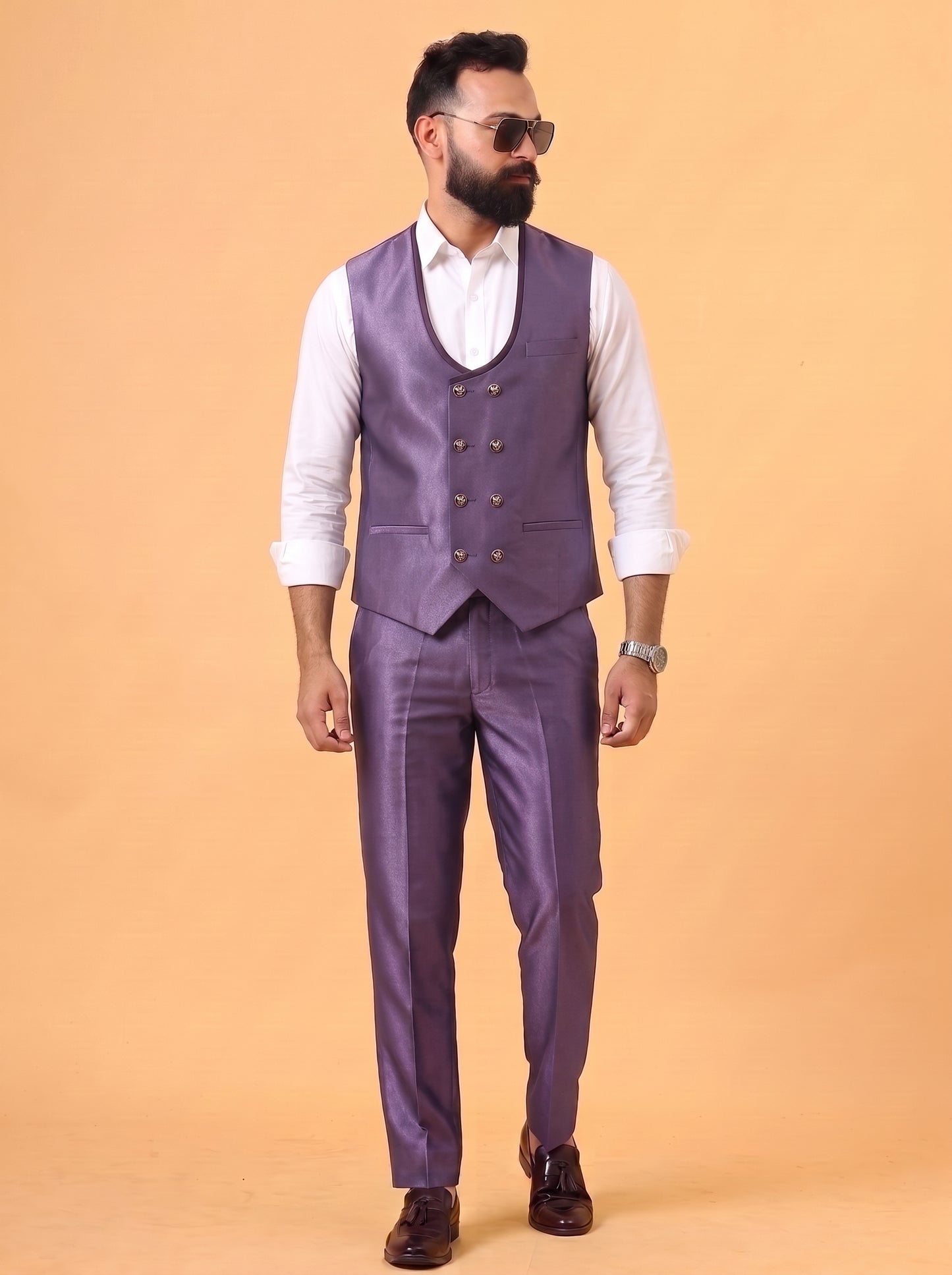 Club AK Men's Lavender Shimmer 3 Piece Suit for Men | Premium Slim Fit Tuxedo Blazer, Double Breasted Waistcoat and Trouser Set