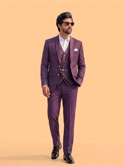 Club AK Men's Wine Purple Textured 3 Piece Tuxedo Suit for Men | Premium Slim Fit Blazer, Waistcoat and Trouser Set