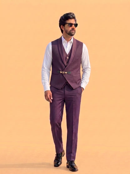 Club AK Men's Wine Purple Textured 3 Piece Tuxedo Suit for Men | Premium Slim Fit Blazer, Waistcoat and Trouser Set