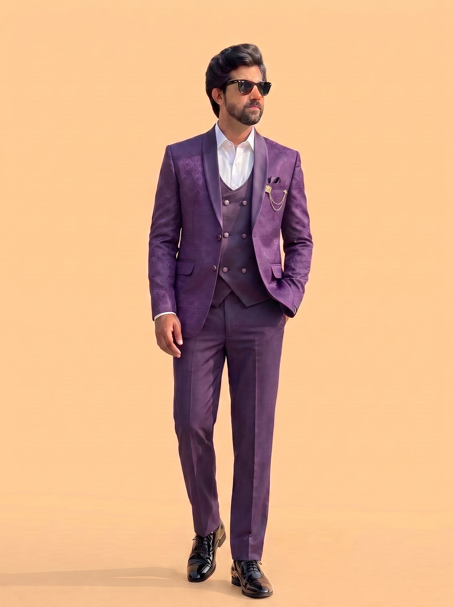 Club AK Men's Purple Jacquard 3 Piece Tuxedo Suit for Men | Premium Slim Fit Blazer, Double Breasted Waistcoat and Trouser Set