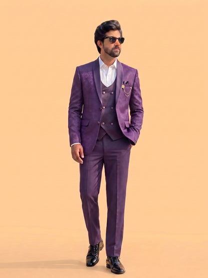 Club AK Men's Purple Jacquard 3 Piece Tuxedo Suit for Men | Premium Slim Fit Blazer, Double Breasted Waistcoat and Trouser Set