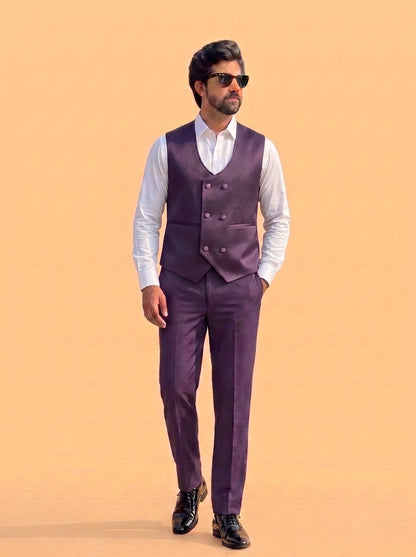 Club AK Men's Purple Jacquard 3 Piece Tuxedo Suit for Men | Premium Slim Fit Blazer, Double Breasted Waistcoat and Trouser Set