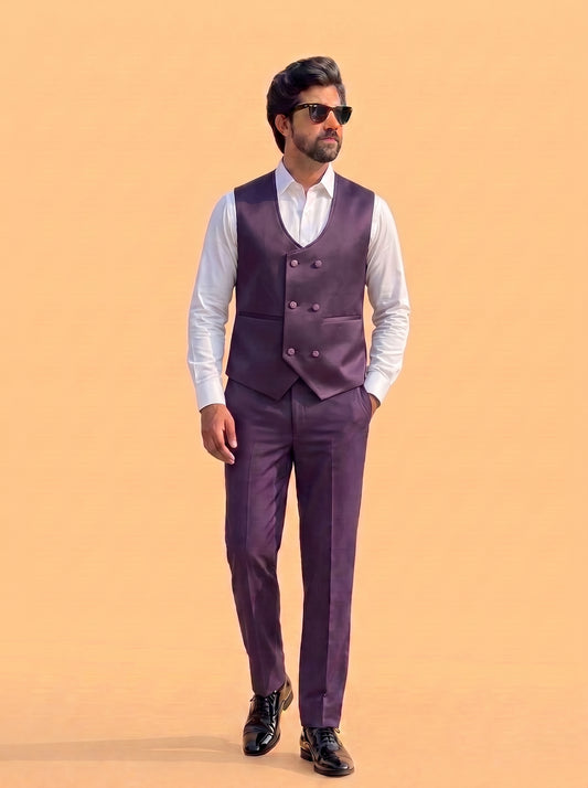 Club AK Men's Purple Jacquard 3 Piece Tuxedo Suit for Men | Premium Slim Fit Blazer, Double Breasted Waistcoat and Trouser Set