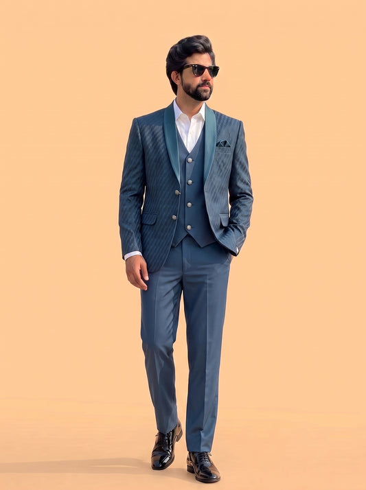 Club AK Men's Teal Blue Textured 3 Piece Tuxedo Suit for Men