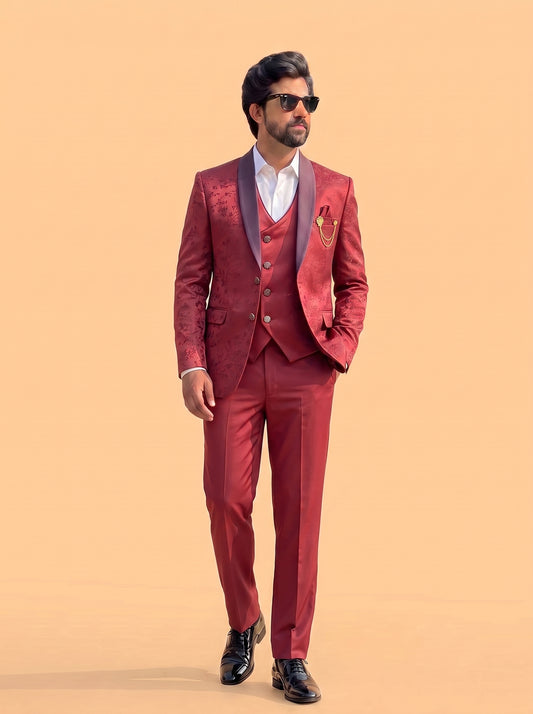 Club AK Men's Wine Red Jacquard Print 3 Piece Tuxedo Suit
