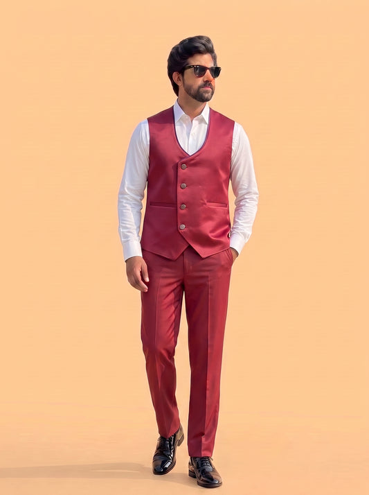Club AK Men's Wine Red Jacquard Print 3 Piece Tuxedo Suit