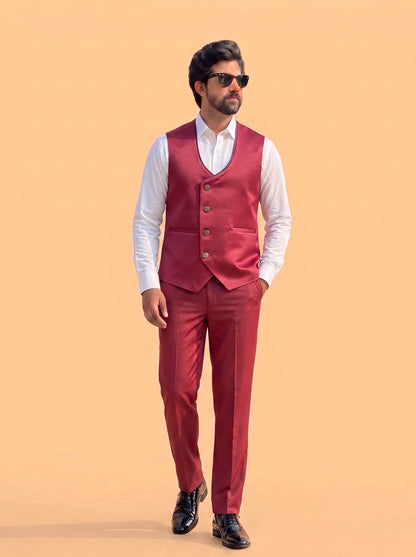 Club AK Men's Wine Red Jacquard 3 Piece Tuxedo Suit for Men | Premium Slim Fit Blazer, Waistcoat and Trouser Set