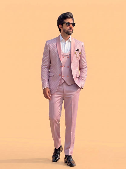Club AK Men's Premium Light Pink Jacquard 3 Piece Tuxedo Suit for Men | Slim Fit Blazer, Double-Breasted Waistcoat and Trouser Set