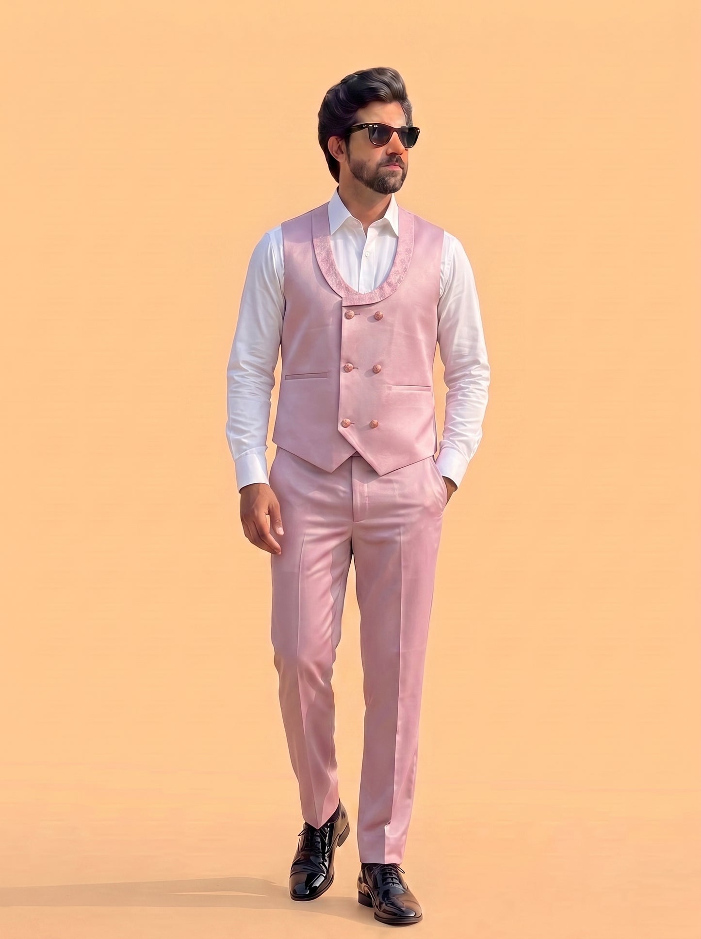 Club AK Men's Premium Light Pink Jacquard 3 Piece Tuxedo Suit for Men | Slim Fit Blazer, Double-Breasted Waistcoat and Trouser Set