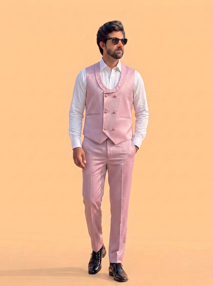 Club AK Men's Premium Light Pink Jacquard 3 Piece Tuxedo Suit for Men | Slim Fit Blazer, Double-Breasted Waistcoat and Trouser Set